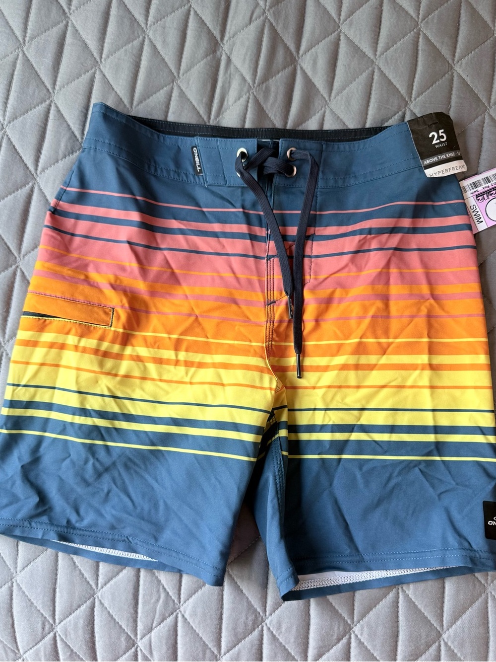 O'Neill Boys Blue Pink Orange Yellow Gradient Stripe Swim Trunks